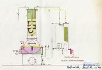 Skizze der freistehenden Wasserbadbrennerei mit kombiniertem Feinbrennaufbau aus dem Jahr 1970. Skizze: Jacob Karl Kupferschmiede Maschinenfabrik Göppingen